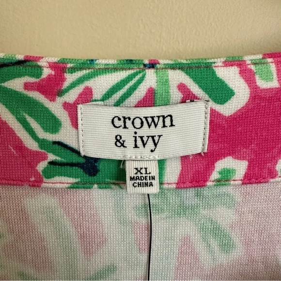 NWT Crown & Ivy Size XL V Neck Garden Party Palm Tree Knit Dress Pink Green New - Picture 3 of 5